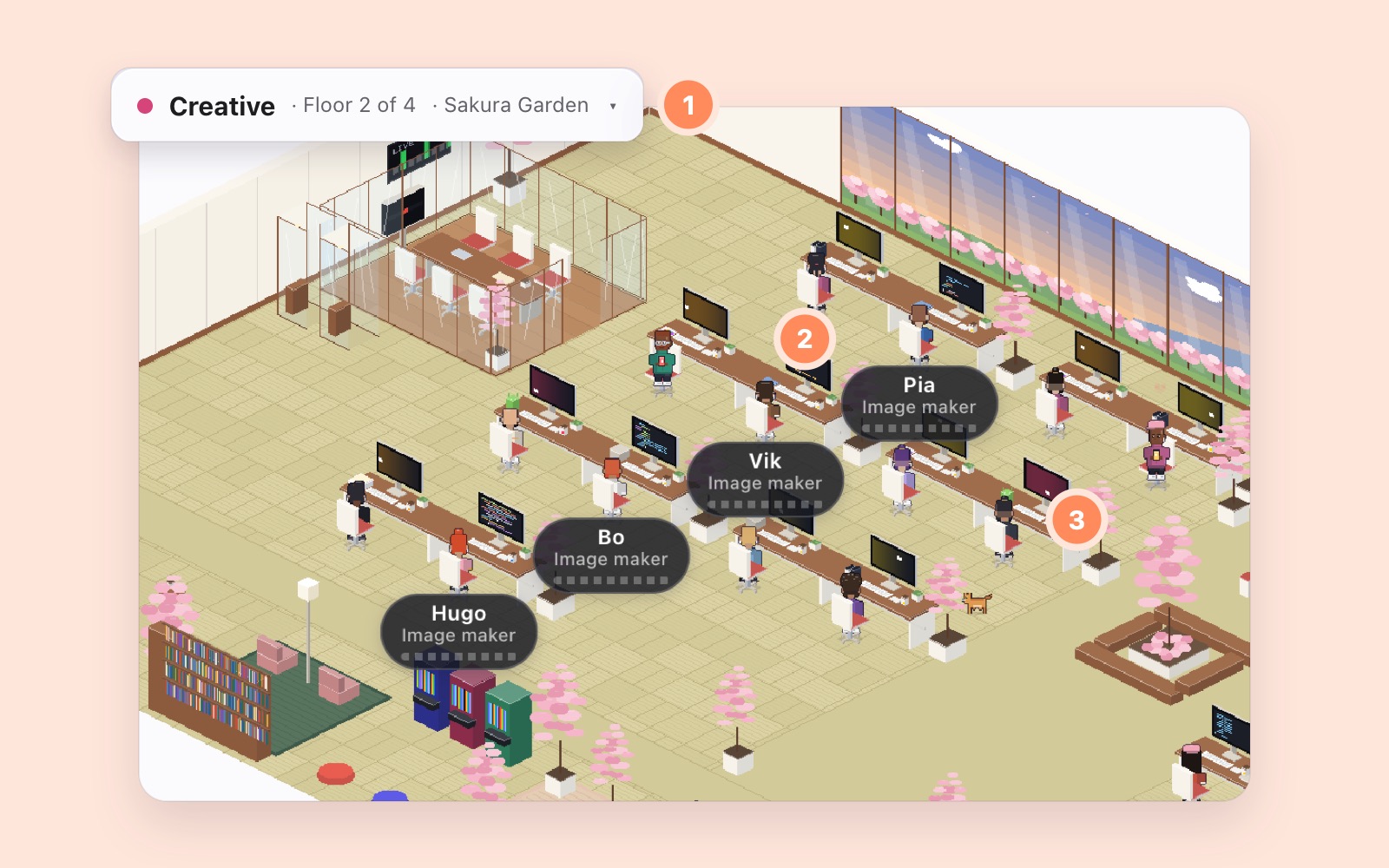 The Creative floor, Sakura Garden, in the Live office of the Northwind sample office, cropped to the floor bar, an agent's name tag and an agent at a desk, with numbered markers.