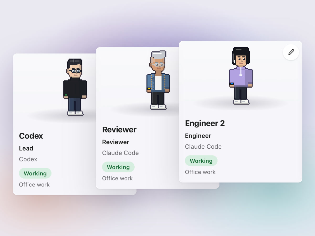 Agent cards on the Team page of the Northwind sample office, each with a pixel-art agent, its name, its job and its AI tool.
