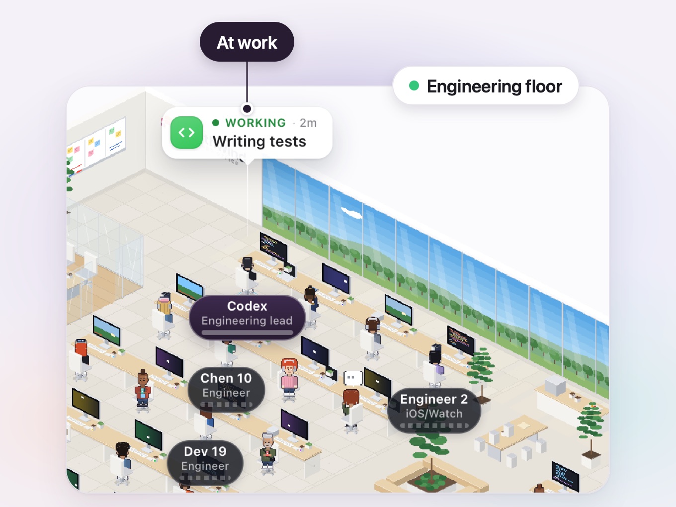 The Engineering floor of the Live office in the Northwind sample office: the Engineering lead and an engineer with name labels, and a Writing tests bubble.