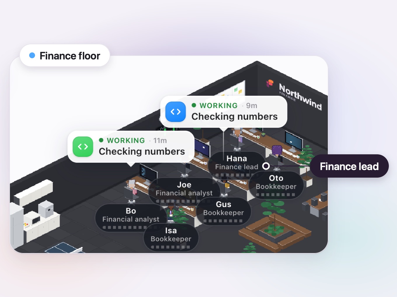 Financial analysts and bookkeepers on the Finance floor and a Checking numbers bubble, in the Live office of the Northwind sample office.