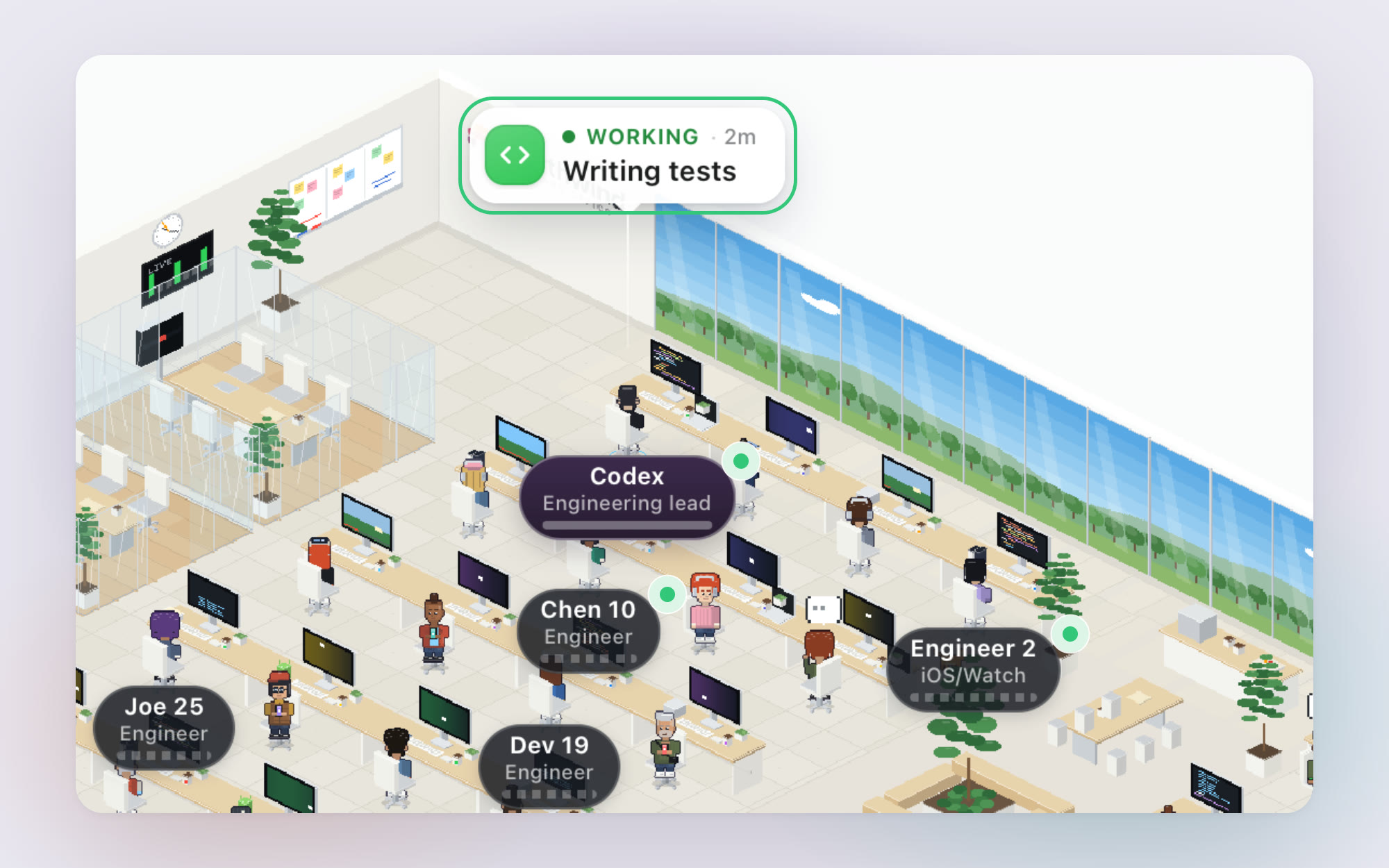 A close crop of the Engineering floor in the Northwind Live office, with a ring around a Writing tests activity bubble and agent name tags.
