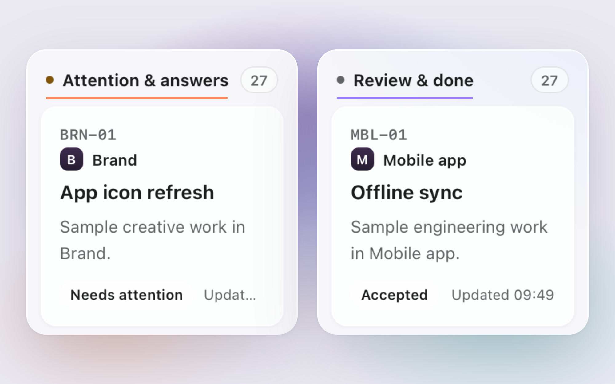 Task cards under the Attention & answers and Review & done headers of the Northwind task board.