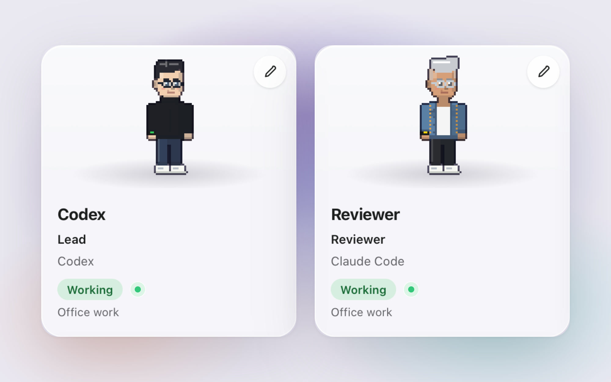 Two agent cards from the Team page of the Northwind sample office, each with its name, its job, its AI account and a Working status.
