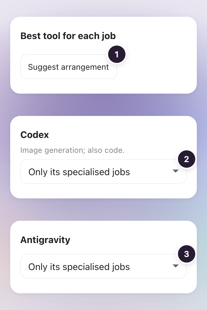 The Best tool for each job card from the Northwind sample office, with the Suggest arrangement button and the use settings for Codex and Antigravity.